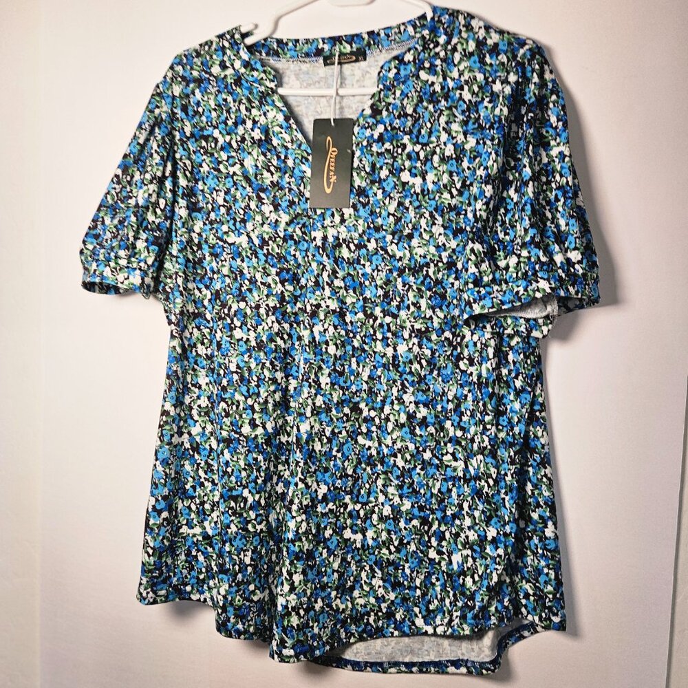 Ofeefan XL Blue Floral V-Neck Swing Tunic Top NWT Short Sleeves Loose Fit